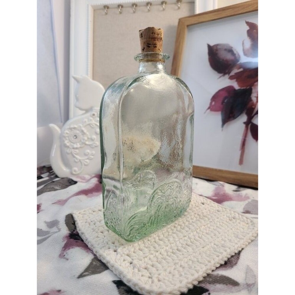Vintage Sage Green Glass Decanter Bottle Embossed Base Cork Stopper 8” Barware